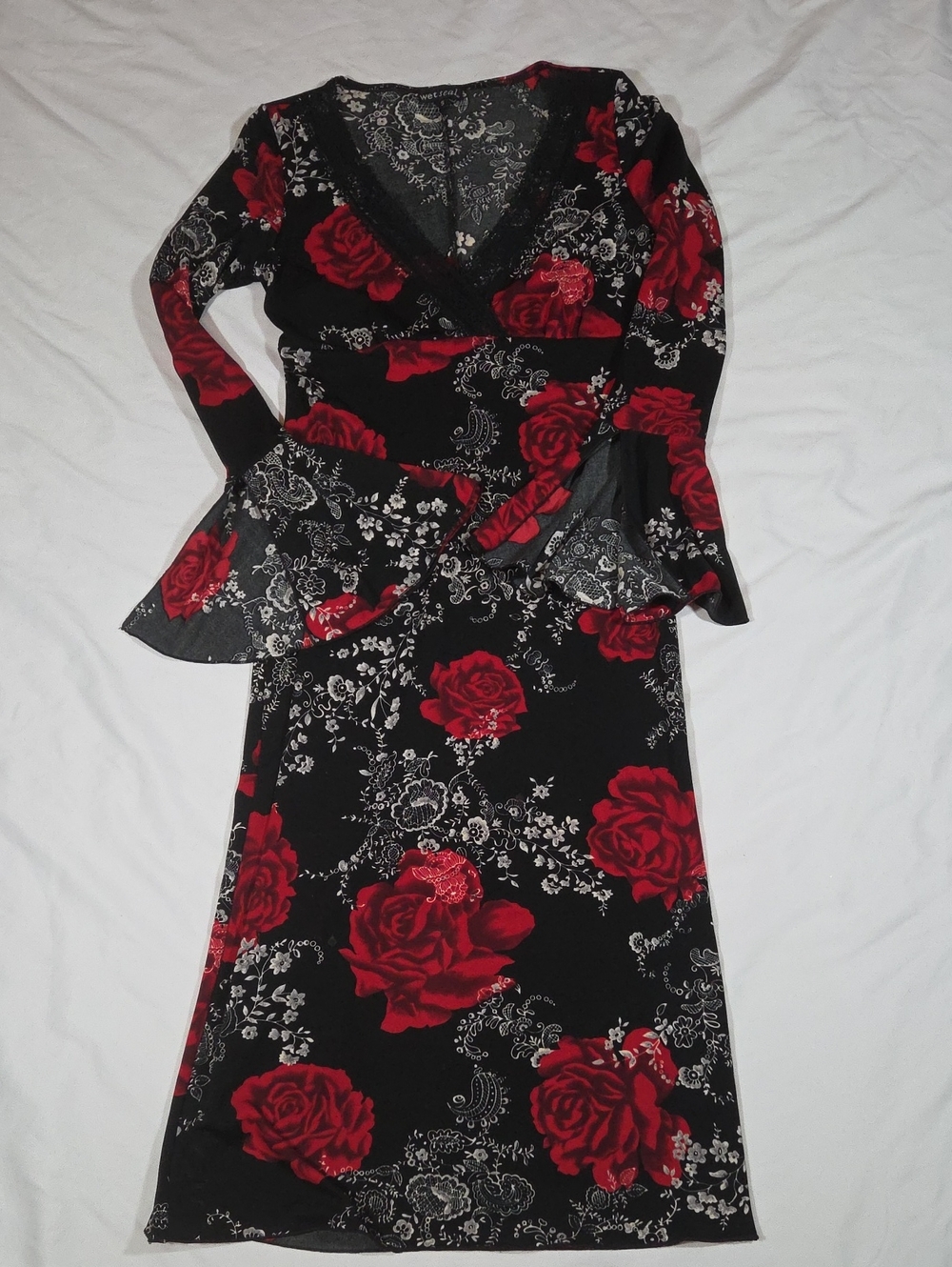 Wet Seal Made In USA floral Lace Detail Long Sleeve Maxi Dress Size Small